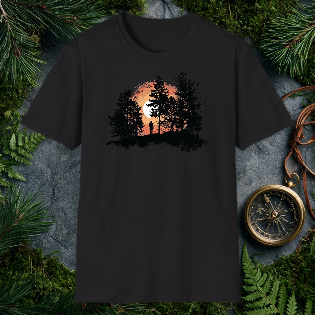 A solitary figure stands among tall pines as a wide sun sets behind them, birds lifting off to the right — for the one who crests a ridge and just stops to…