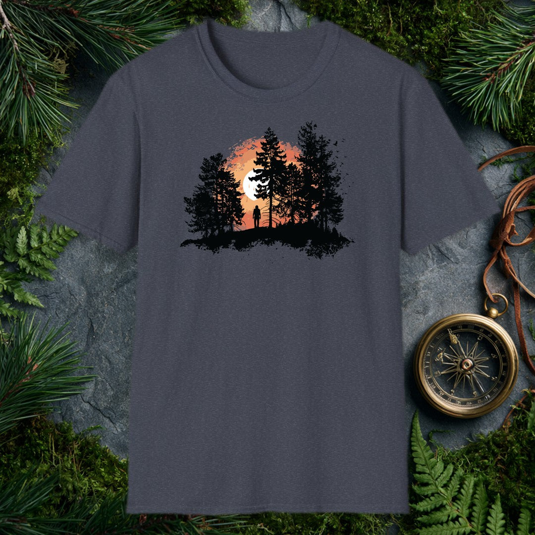 A solitary figure stands among tall pines as a wide sun sets behind them, birds lifting off to the right — for the one who crests a ridge and just stops to…