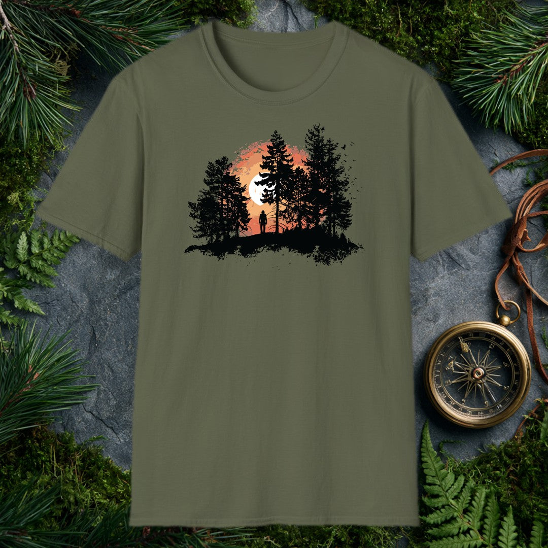A solitary figure stands among tall pines as a wide sun sets behind them, birds lifting off to the right — for the one who crests a ridge and just stops to…