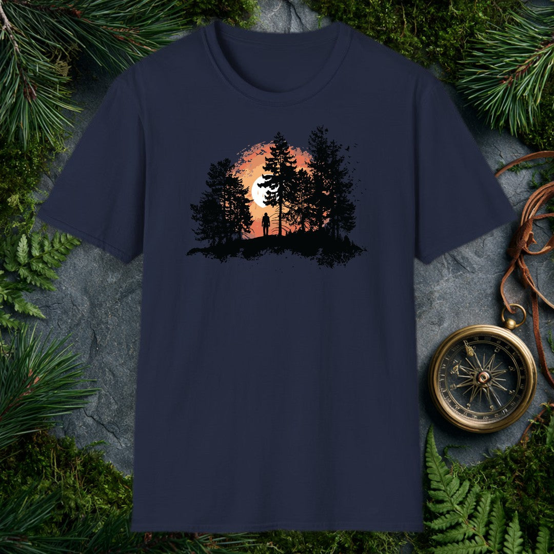 A solitary figure stands among tall pines as a wide sun sets behind them, birds lifting off to the right — for the one who crests a ridge and just stops to…