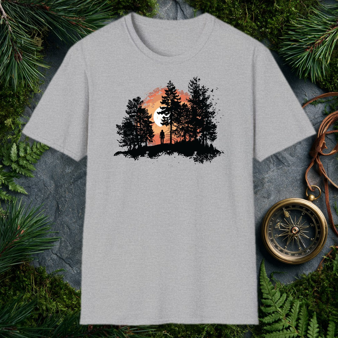 A solitary figure stands among tall pines as a wide sun sets behind them, birds lifting off to the right — for the one who crests a ridge and just stops to…