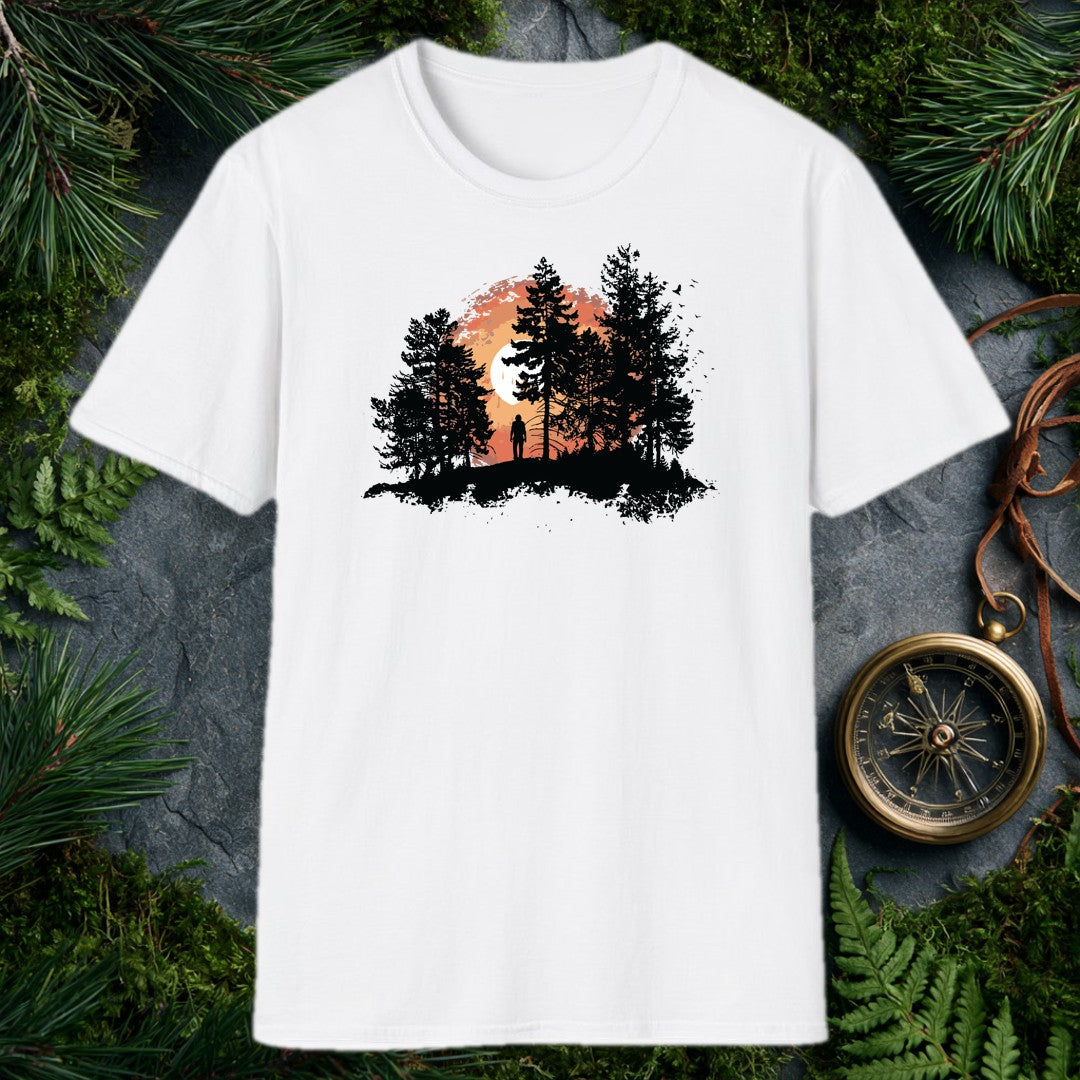 A solitary figure stands among tall pines as a wide sun sets behind them, birds lifting off to the right — for the one who crests a ridge and just stops to…