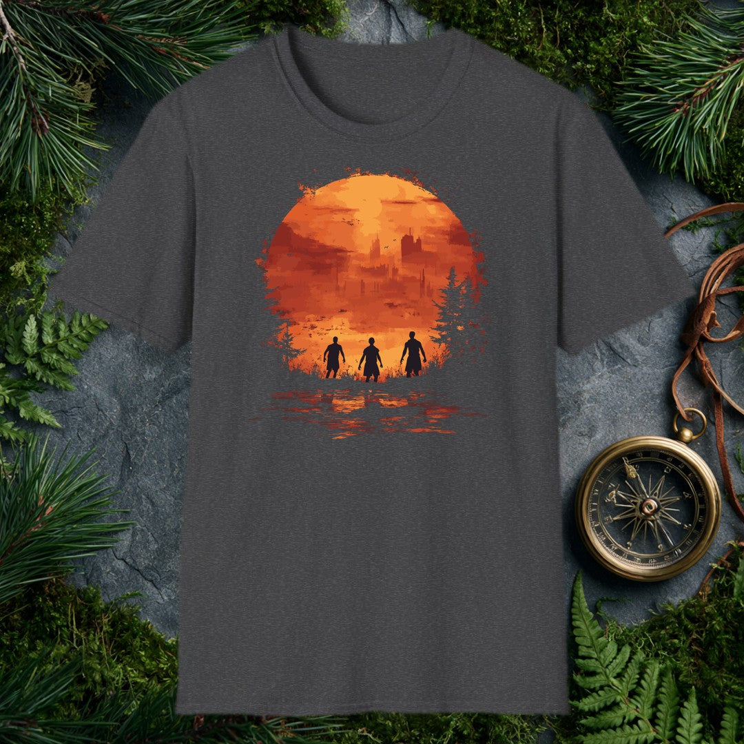 Three figures stand at the edge of a ruined skyline, framed inside a fractured orange sun with birds wheeling overhead — for the person who walks toward the…