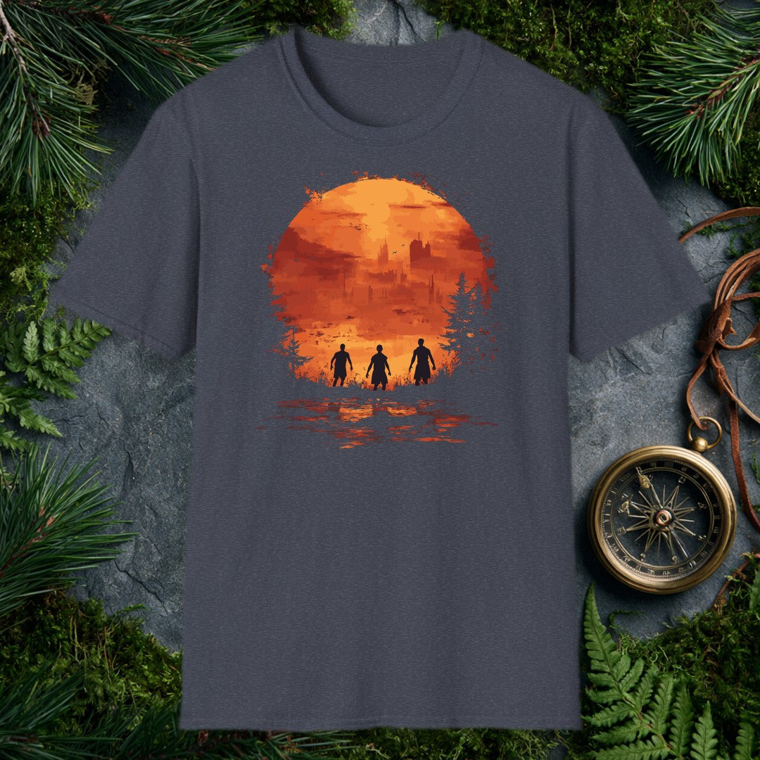 Three figures stand at the edge of a ruined skyline, framed inside a fractured orange sun with birds wheeling overhead — for the person who walks toward the…