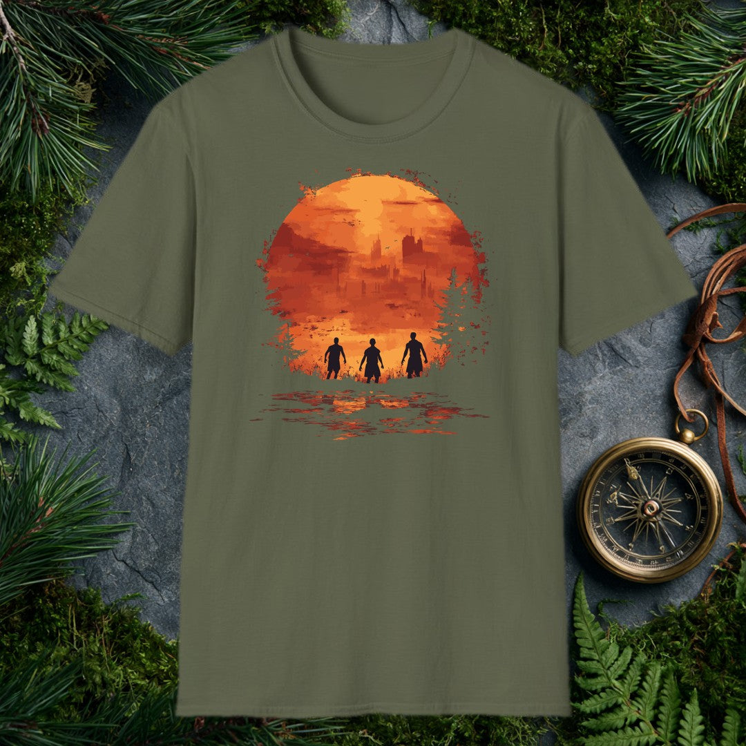 Three figures stand at the edge of a ruined skyline, framed inside a fractured orange sun with birds wheeling overhead — for the person who walks toward the…
