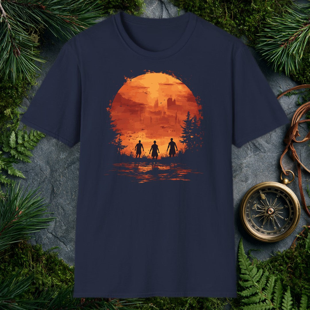 Three figures stand at the edge of a ruined skyline, framed inside a fractured orange sun with birds wheeling overhead — for the person who walks toward the…