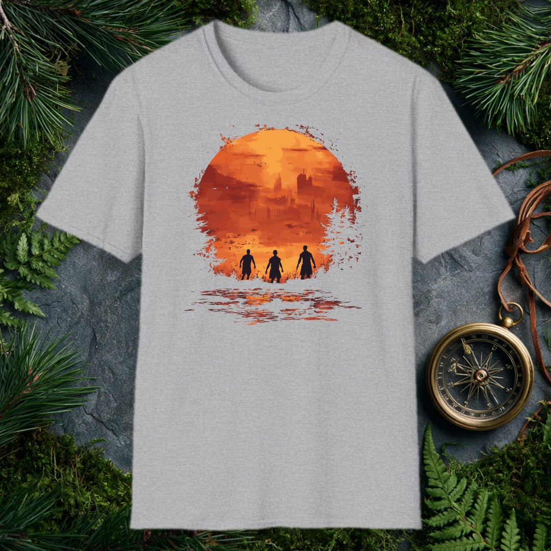 Three figures stand at the edge of a ruined skyline, framed inside a fractured orange sun with birds wheeling overhead — for the person who walks toward the…