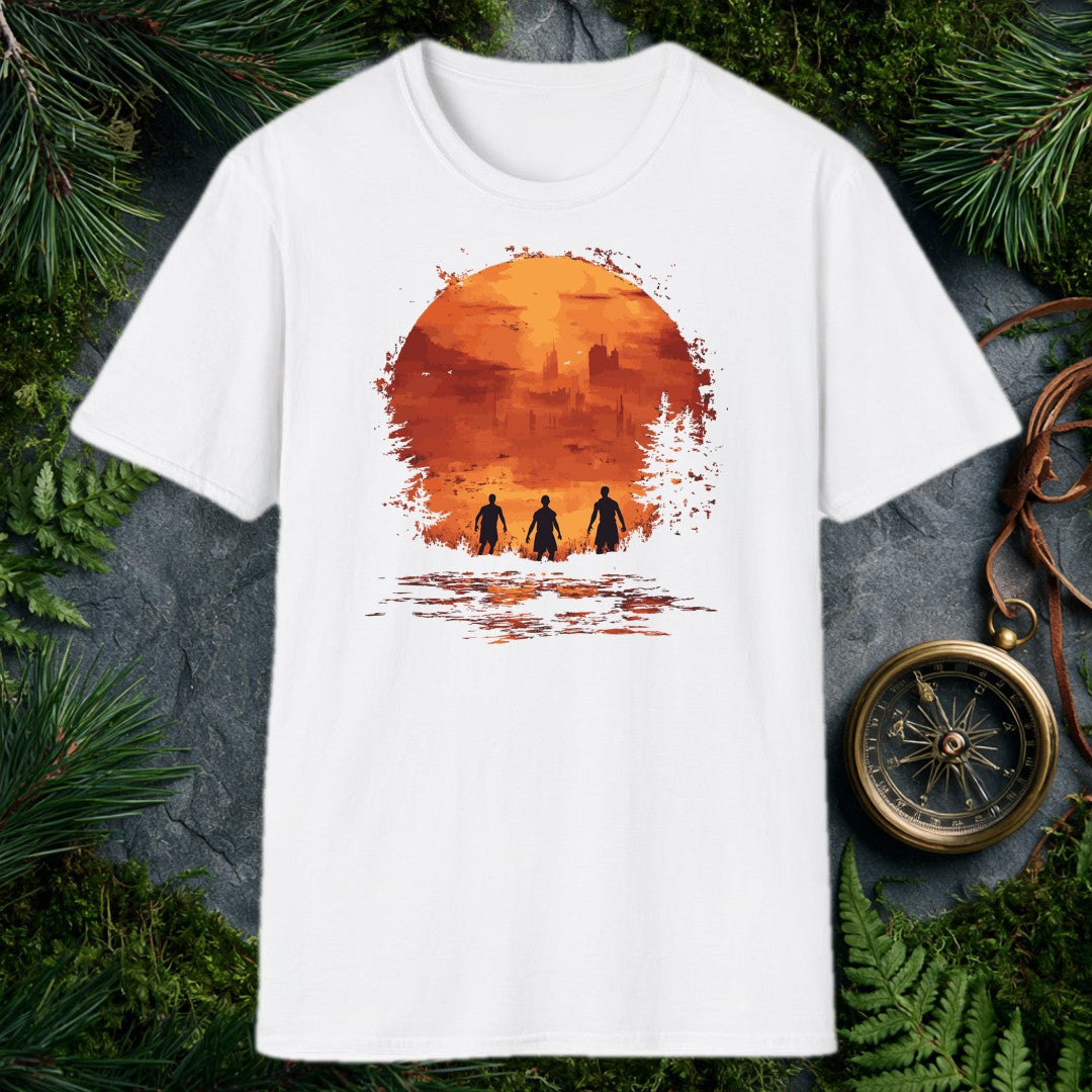 Three figures stand at the edge of a ruined skyline, framed inside a fractured orange sun with birds wheeling overhead — for the person who walks toward the…