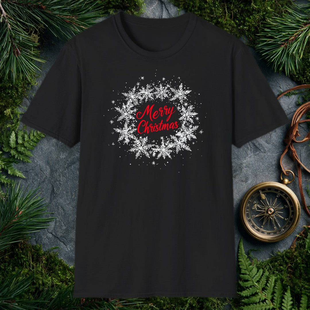 Red script lettering spells out Merry Christmas against a soft wreath of drifting silver snowflakes — clean, quiet, and just festive enough for anyone who…