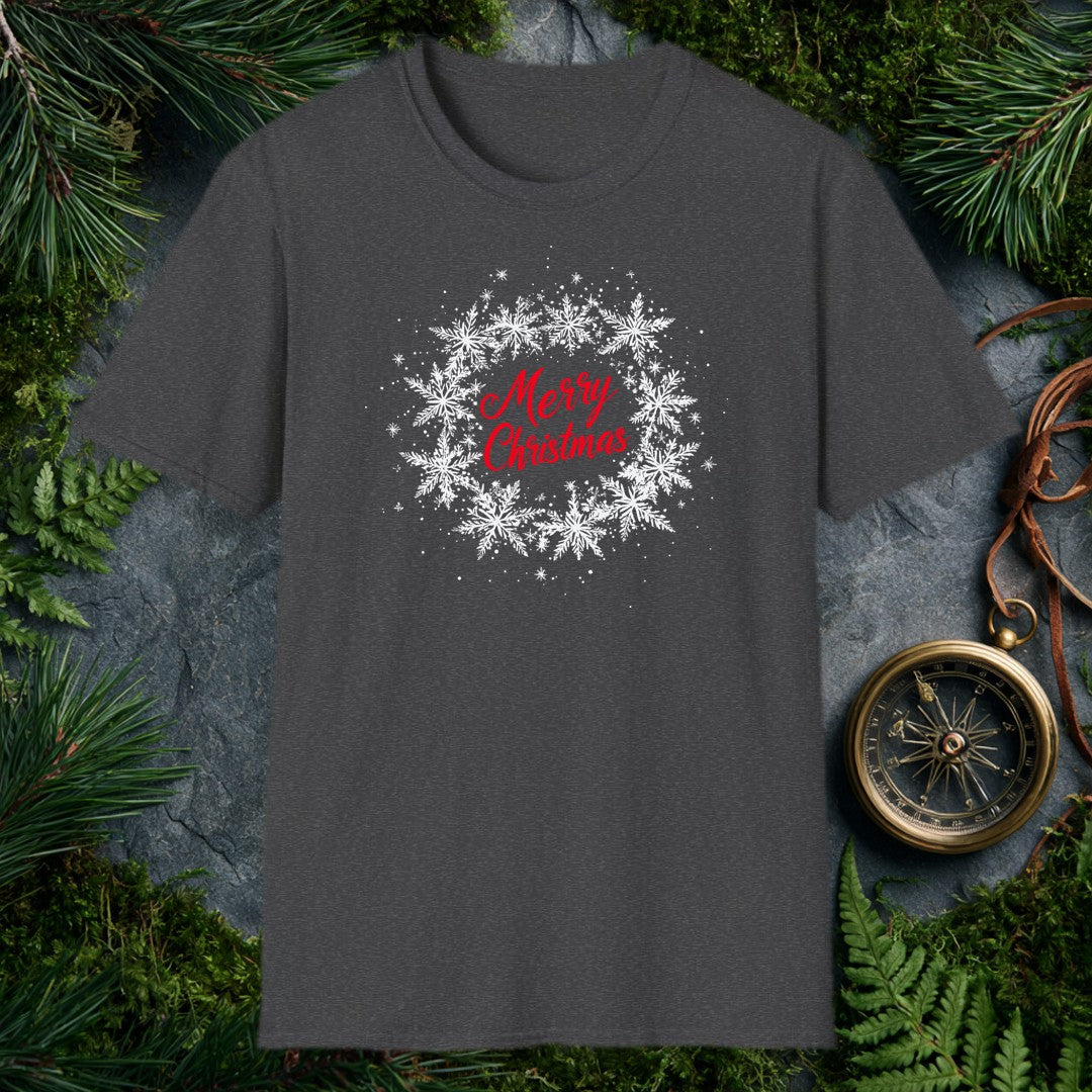 Red script lettering spells out Merry Christmas against a soft wreath of drifting silver snowflakes — clean, quiet, and just festive enough for anyone who…