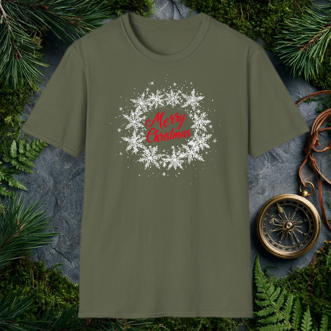Red script lettering spells out Merry Christmas against a soft wreath of drifting silver snowflakes — clean, quiet, and just festive enough for anyone who…