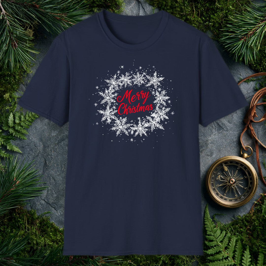 Red script lettering spells out Merry Christmas against a soft wreath of drifting silver snowflakes — clean, quiet, and just festive enough for anyone who…