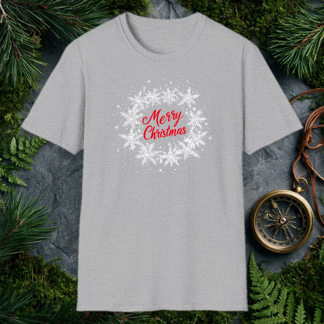 Red script lettering spells out Merry Christmas against a soft wreath of drifting silver snowflakes — clean, quiet, and just festive enough for anyone who…