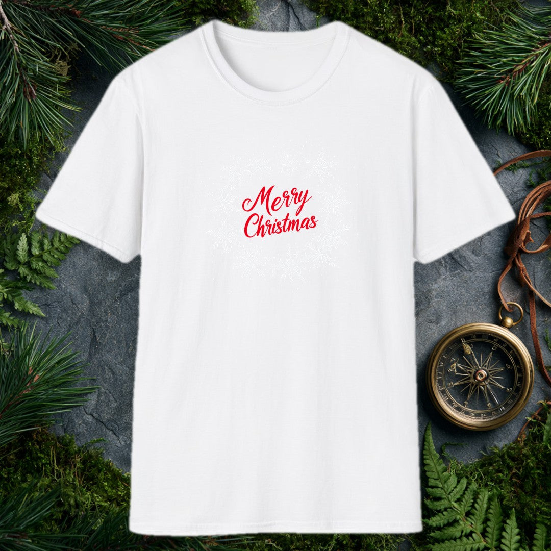 Red script lettering spells out Merry Christmas against a soft wreath of drifting silver snowflakes — clean, quiet, and just festive enough for anyone who…