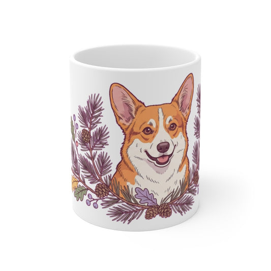 A happy corgi peers out from a wreath of pine boughs, oak leaves, pinecones, and clusters of wild berries — drawn for anyone who thinks their dog belongs on a…