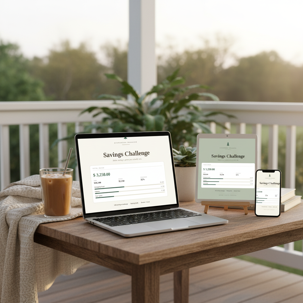 Savings Challenge Tracker in Minimalist, Cottagecore and Clean Girl styles on a porch table