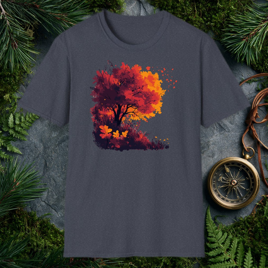 A windswept maple blazes in deep crimson and amber above a tangled hillside understory, leaves lifting off into open sky — for the person who stops on the…