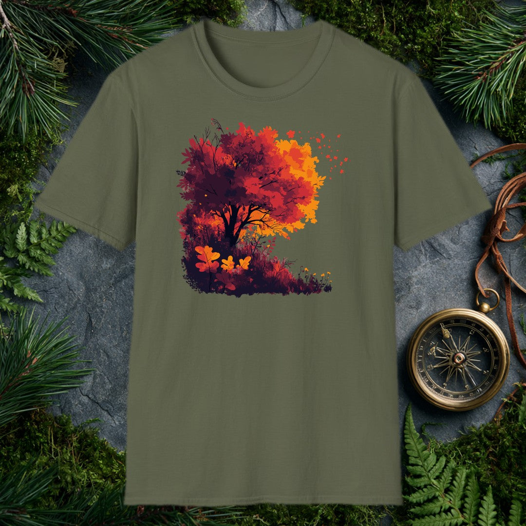 A windswept maple blazes in deep crimson and amber above a tangled hillside understory, leaves lifting off into open sky — for the person who stops on the…