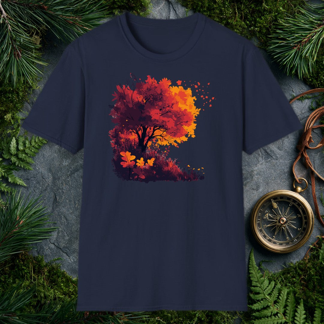 A windswept maple blazes in deep crimson and amber above a tangled hillside understory, leaves lifting off into open sky — for the person who stops on the…