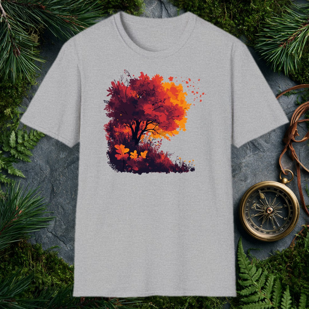 A windswept maple blazes in deep crimson and amber above a tangled hillside understory, leaves lifting off into open sky — for the person who stops on the…