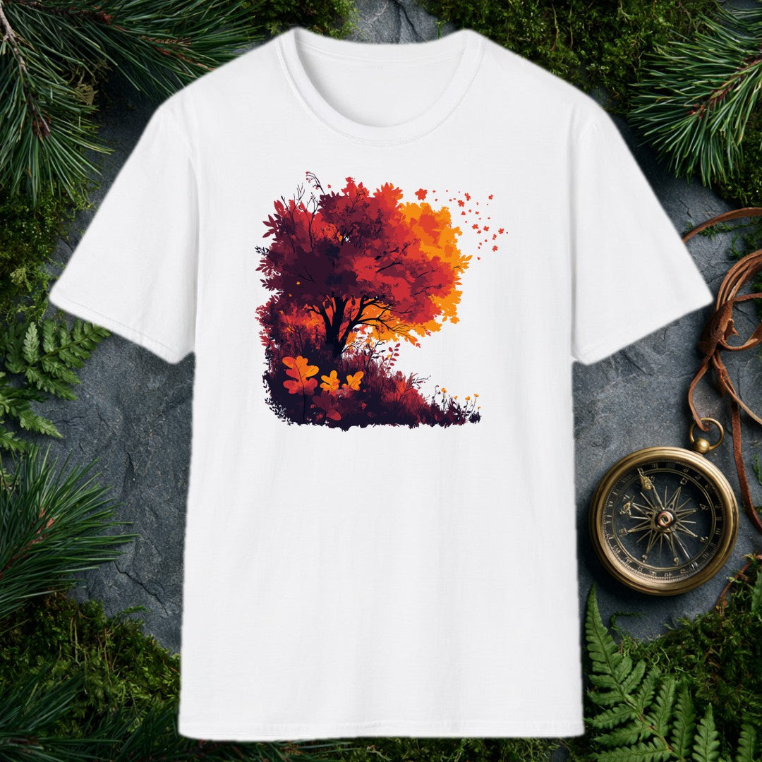 A windswept maple blazes in deep crimson and amber above a tangled hillside understory, leaves lifting off into open sky — for the person who stops on the…
