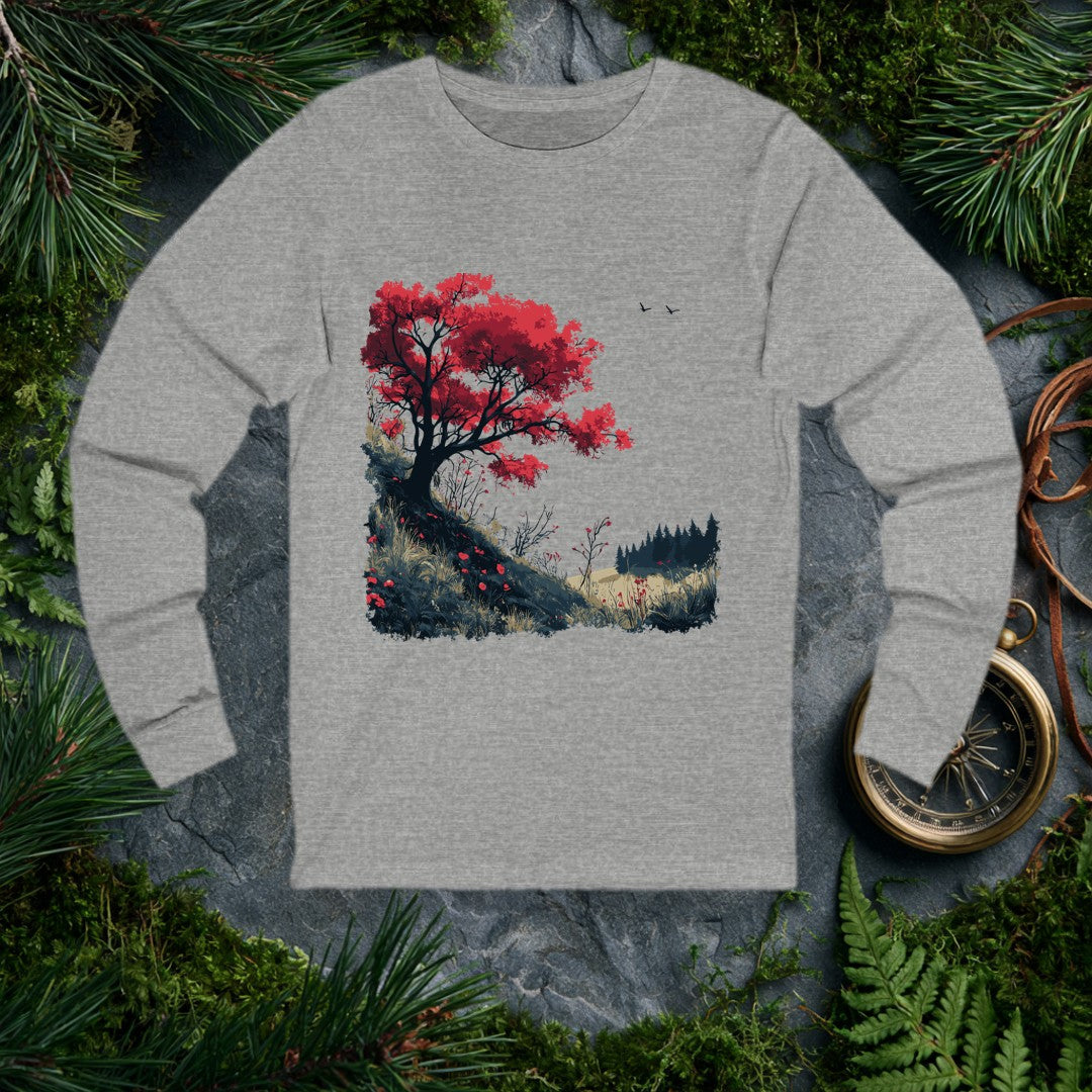 A lone red-leafed tree leans over a dark hillside scattered with fallen petals, bare shrubs, and distant pines — drawn for the person who stops mid-trail when…