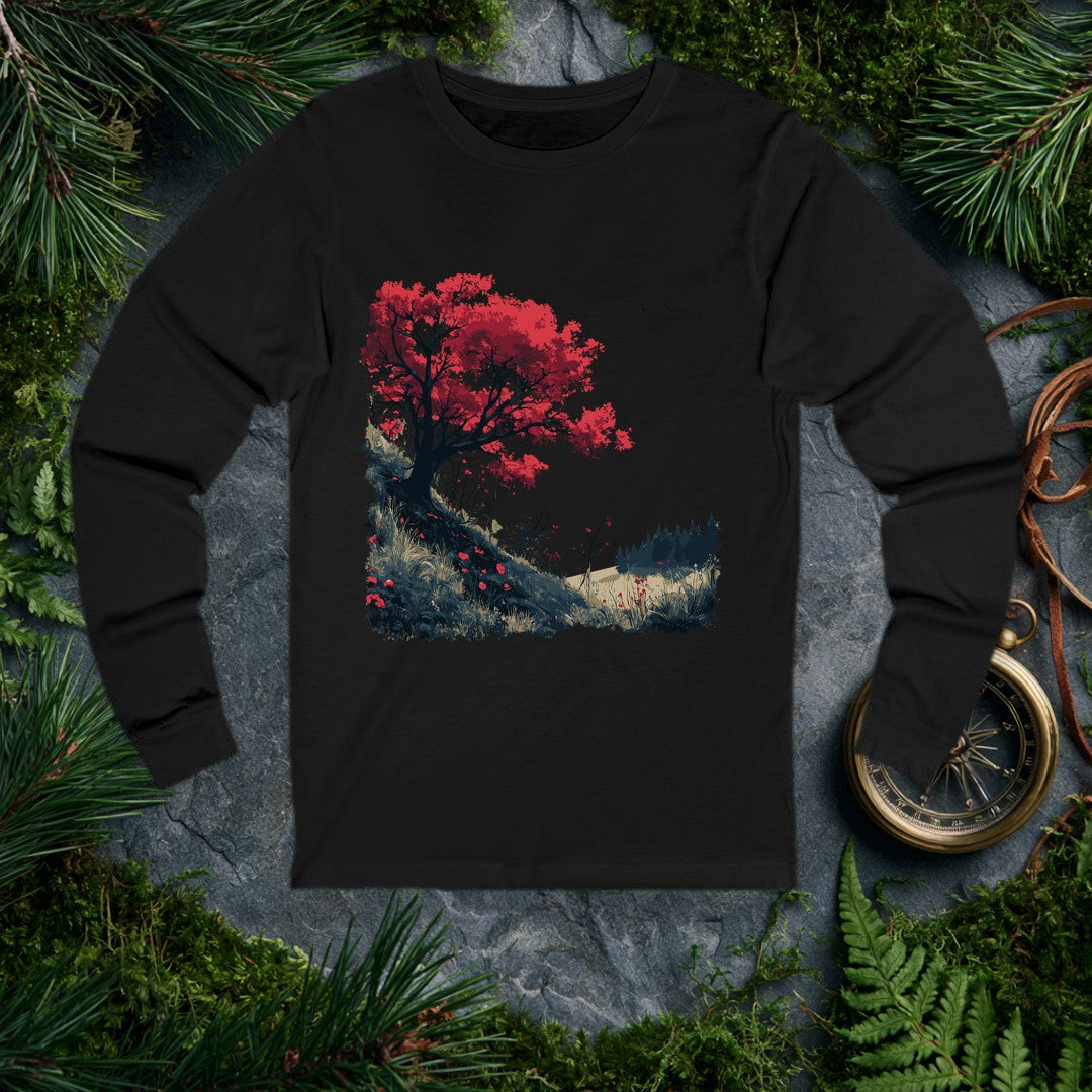 A lone red-leafed tree leans over a dark hillside scattered with fallen petals, bare shrubs, and distant pines — drawn for the person who stops mid-trail when…