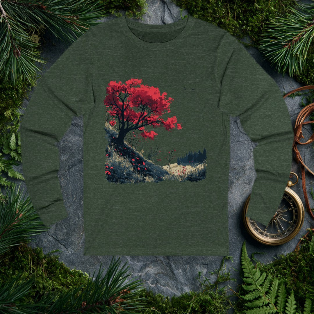 A lone red-leafed tree leans over a dark hillside scattered with fallen petals, bare shrubs, and distant pines — drawn for the person who stops mid-trail when…