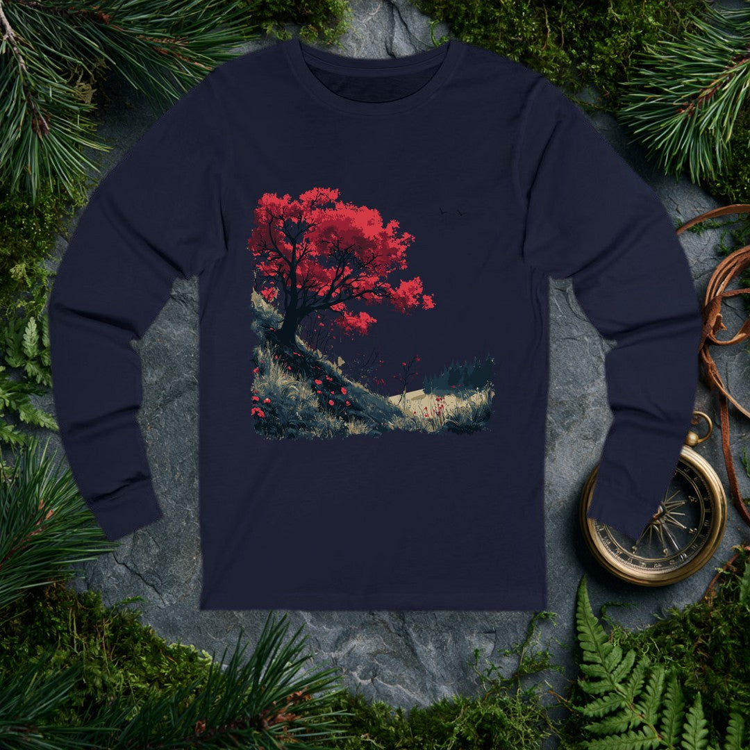 A lone red-leafed tree leans over a dark hillside scattered with fallen petals, bare shrubs, and distant pines — drawn for the person who stops mid-trail when…