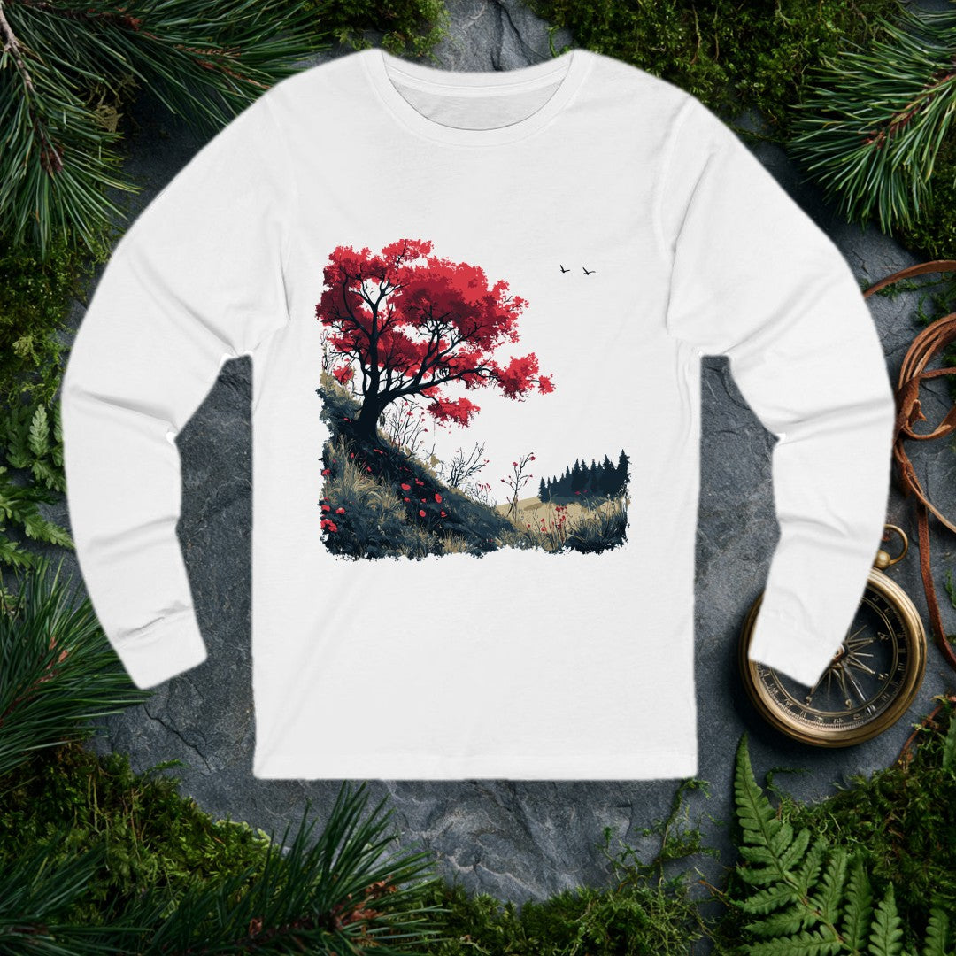A lone red-leafed tree leans over a dark hillside scattered with fallen petals, bare shrubs, and distant pines — drawn for the person who stops mid-trail when…