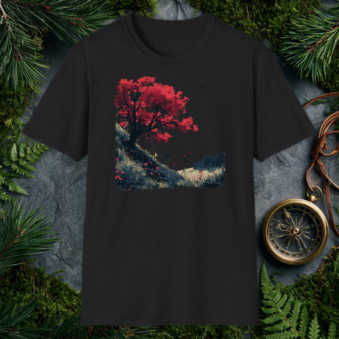A lone red-leafed tree leans over a dark hillside scattered with fallen petals, bare shrubs, and distant pines — drawn for the person who stops mid-trail when…
