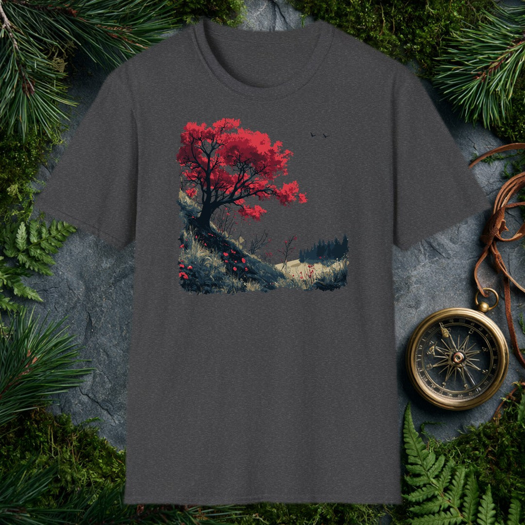 A lone red-leafed tree leans over a dark hillside scattered with fallen petals, bare shrubs, and distant pines — drawn for the person who stops mid-trail when…