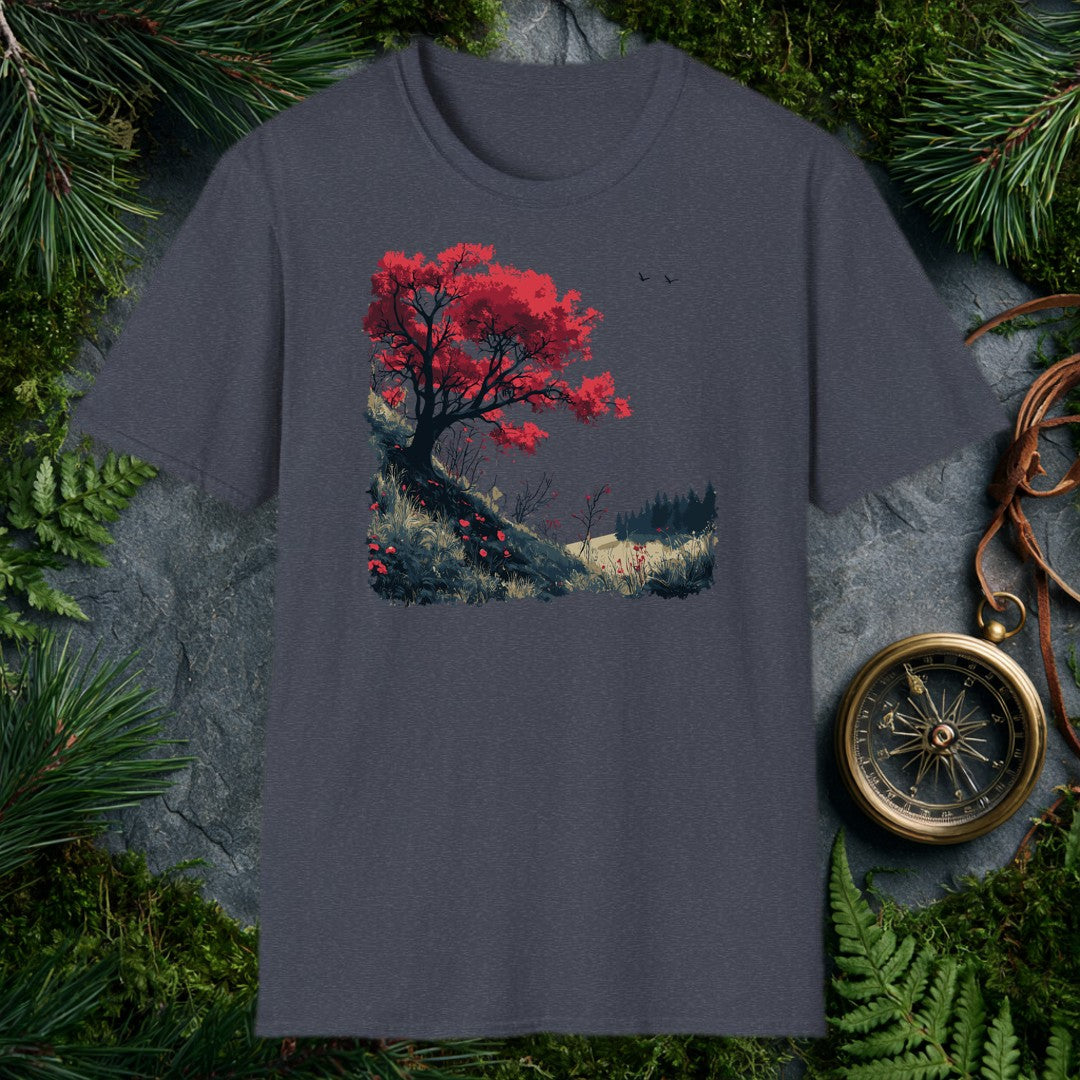 A lone red-leafed tree leans over a dark hillside scattered with fallen petals, bare shrubs, and distant pines — drawn for the person who stops mid-trail when…