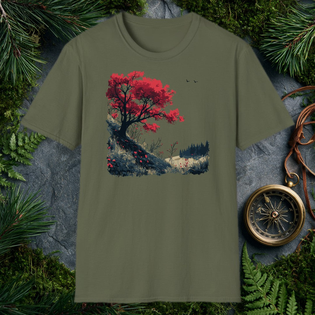 A lone red-leafed tree leans over a dark hillside scattered with fallen petals, bare shrubs, and distant pines — drawn for the person who stops mid-trail when…