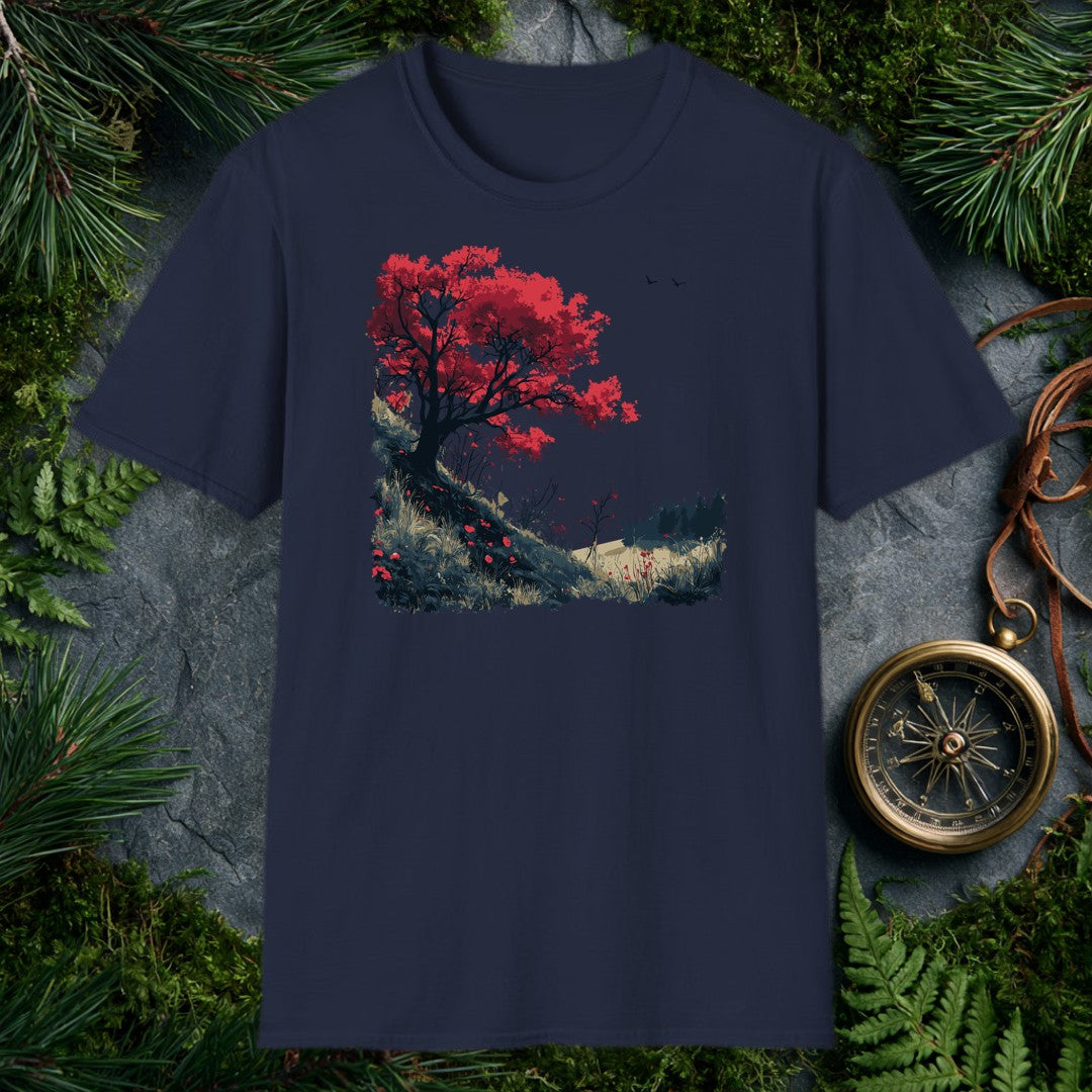 A lone red-leafed tree leans over a dark hillside scattered with fallen petals, bare shrubs, and distant pines — drawn for the person who stops mid-trail when…