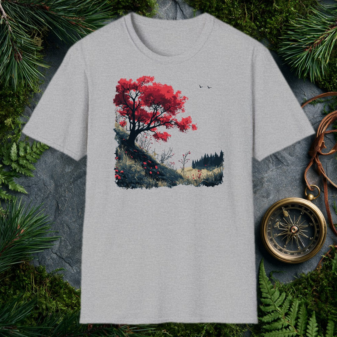 A lone red-leafed tree leans over a dark hillside scattered with fallen petals, bare shrubs, and distant pines — drawn for the person who stops mid-trail when…
