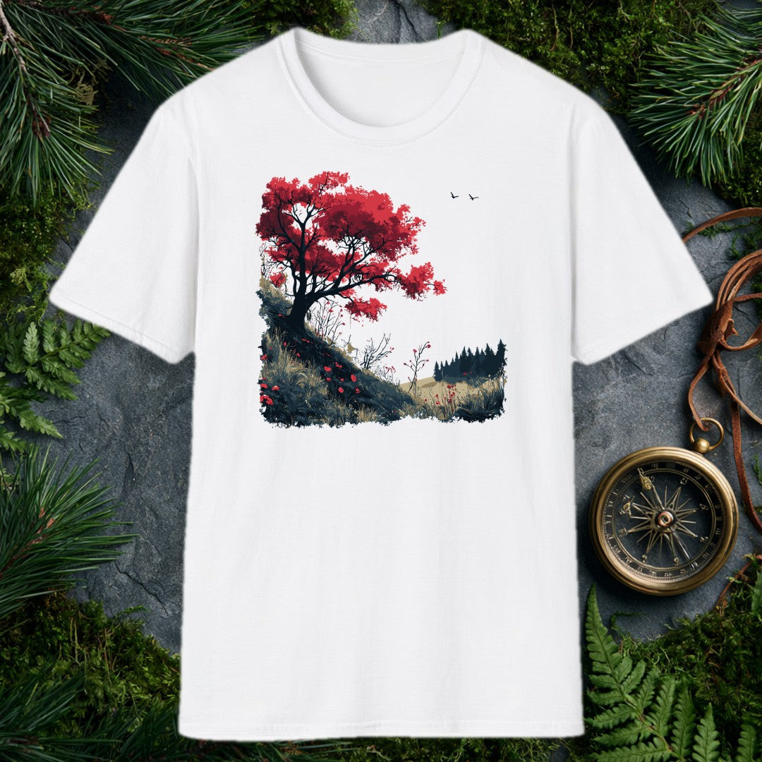 A lone red-leafed tree leans over a dark hillside scattered with fallen petals, bare shrubs, and distant pines — drawn for the person who stops mid-trail when…