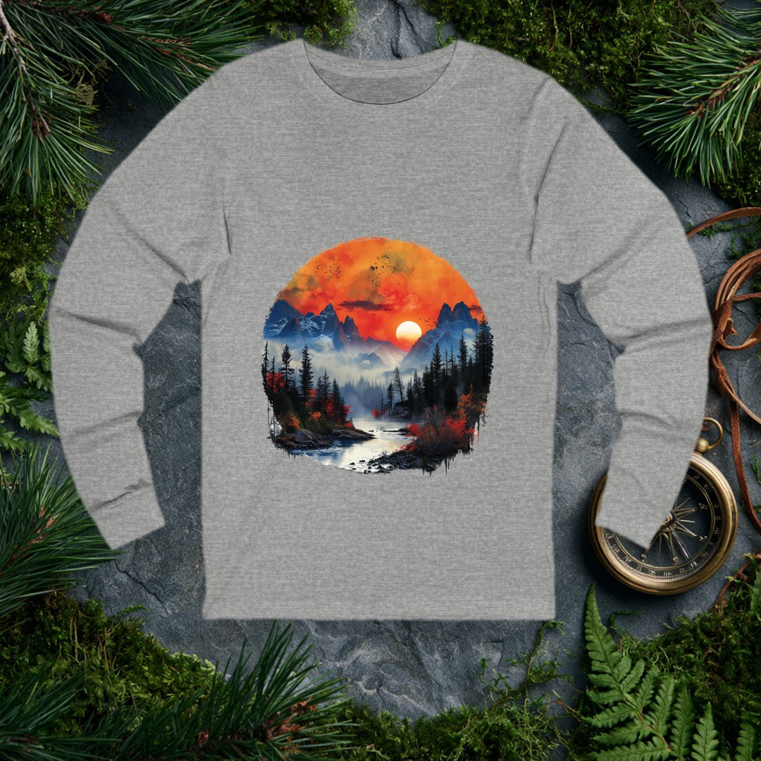 A misty river winds toward jagged snow-capped peaks under a deep orange sunset, flanked by dark pine silhouettes and bursts of autumn red — for the person who…