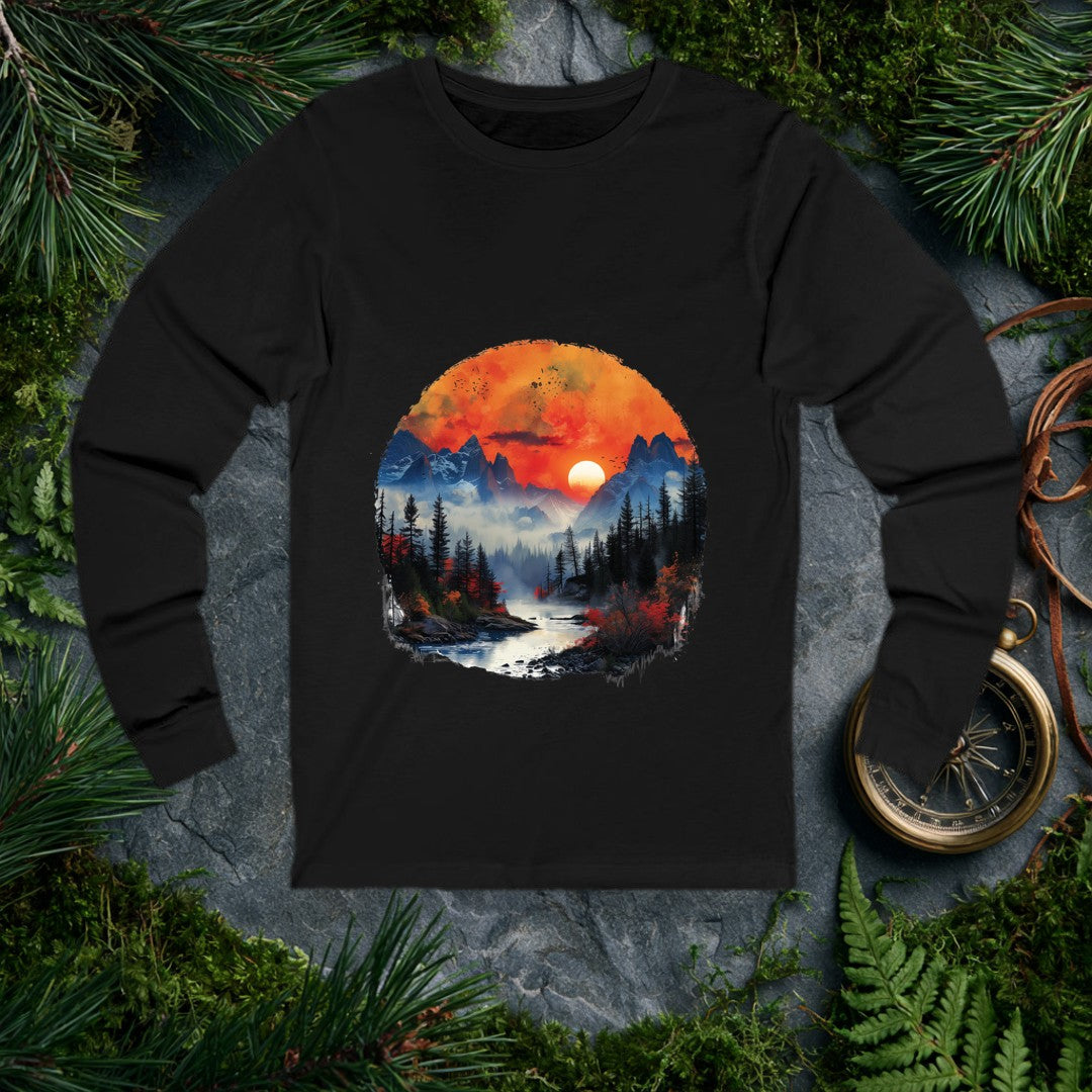A misty river winds toward jagged snow-capped peaks under a deep orange sunset, flanked by dark pine silhouettes and bursts of autumn red — for the person who…