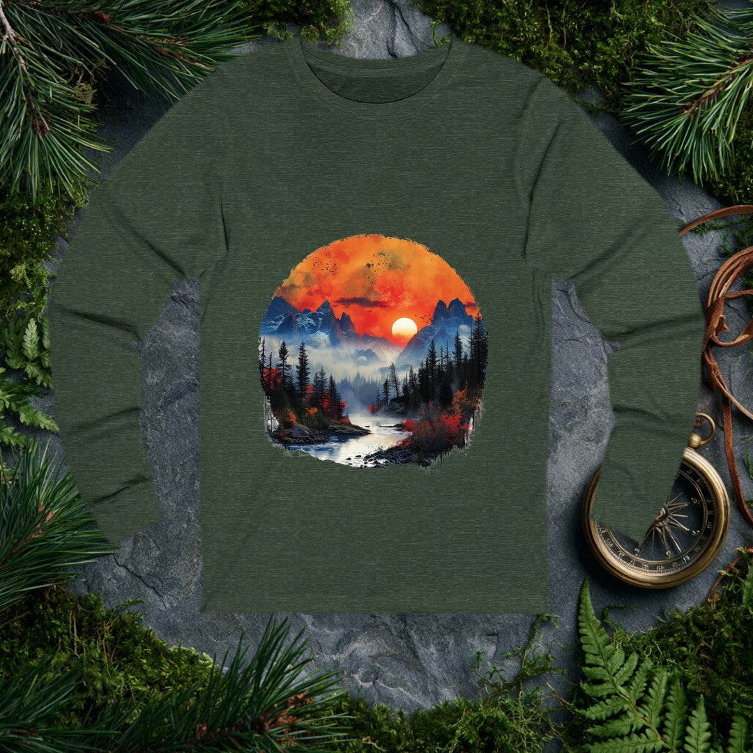 A misty river winds toward jagged snow-capped peaks under a deep orange sunset, flanked by dark pine silhouettes and bursts of autumn red — for the person who…