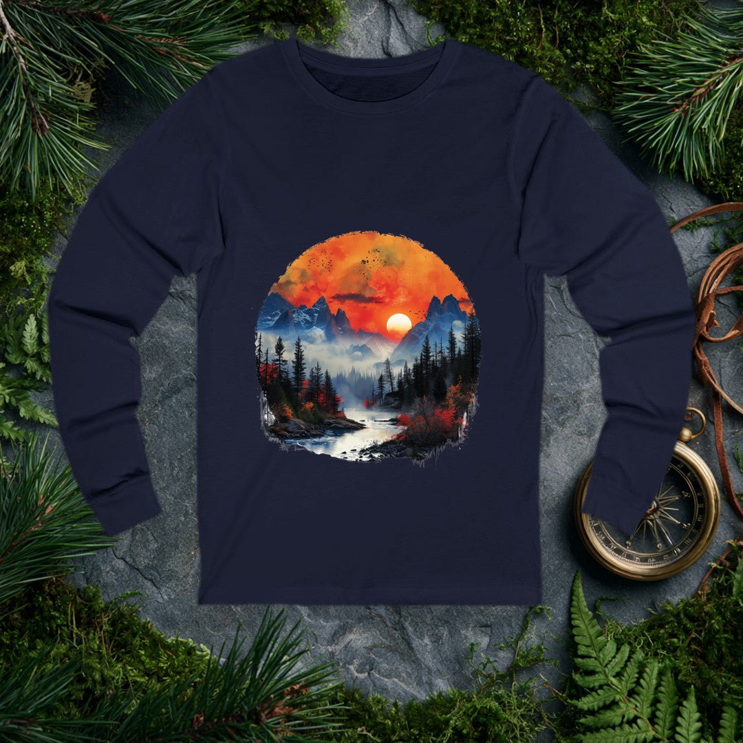A misty river winds toward jagged snow-capped peaks under a deep orange sunset, flanked by dark pine silhouettes and bursts of autumn red — for the person who…