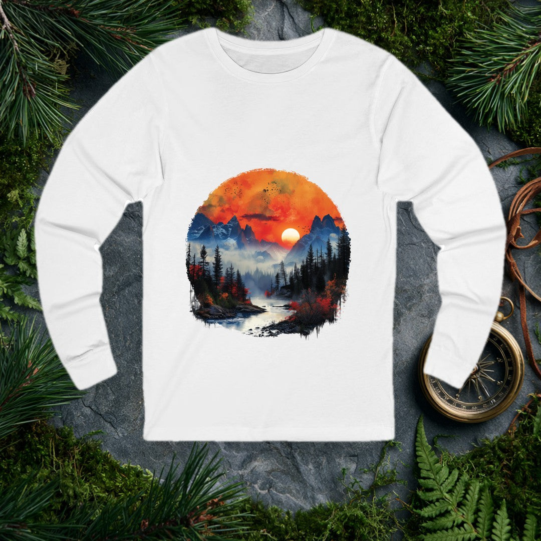 A misty river winds toward jagged snow-capped peaks under a deep orange sunset, flanked by dark pine silhouettes and bursts of autumn red — for the person who…