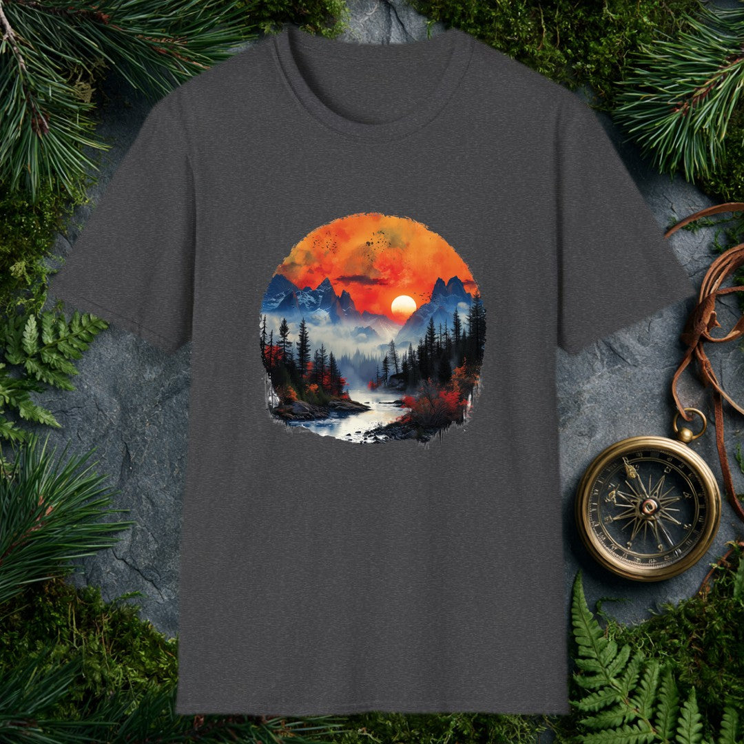 A misty river winds toward jagged snow-capped peaks under a deep orange sunset, flanked by dark pine silhouettes and bursts of autumn red — for the person who…