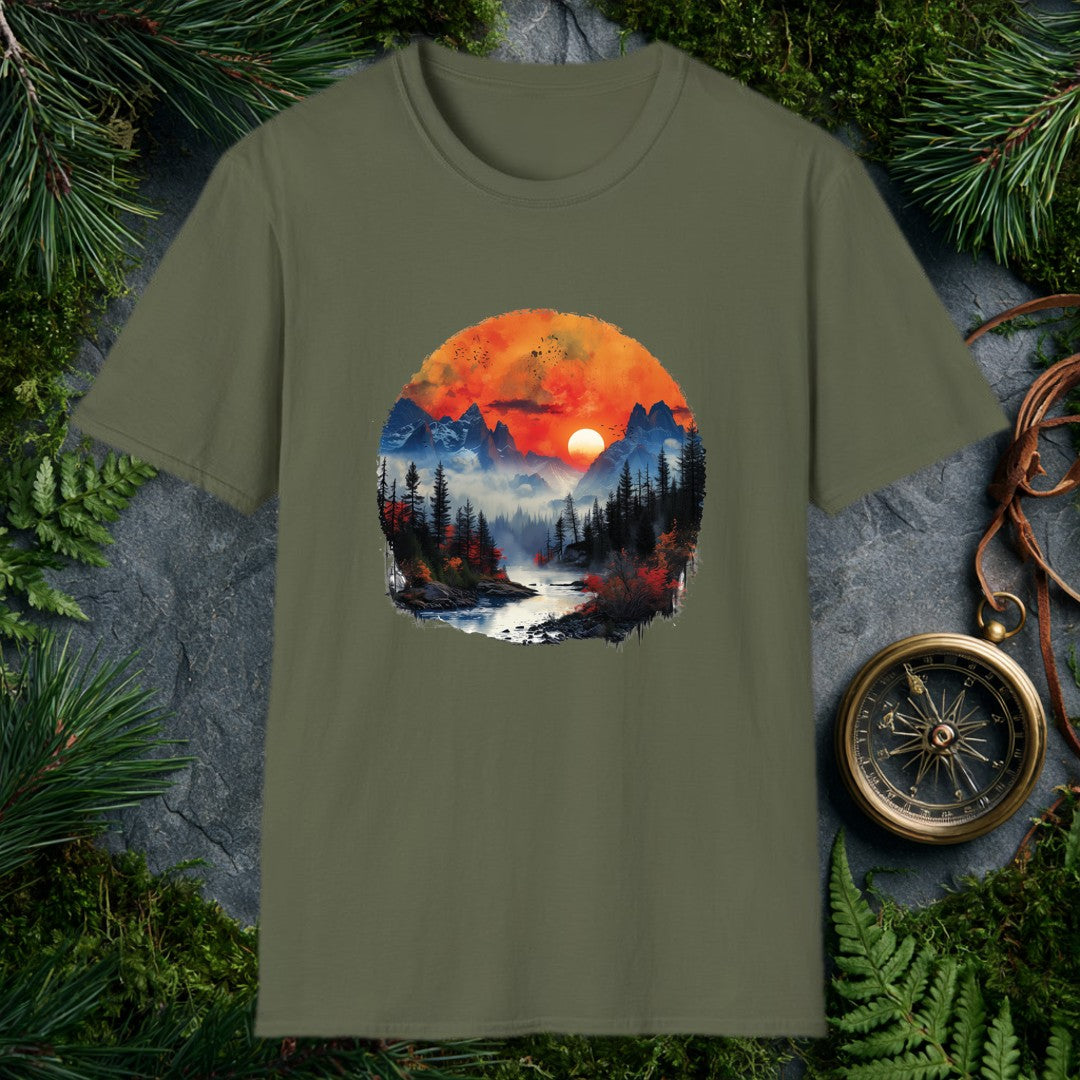 A misty river winds toward jagged snow-capped peaks under a deep orange sunset, flanked by dark pine silhouettes and bursts of autumn red — for the person who…