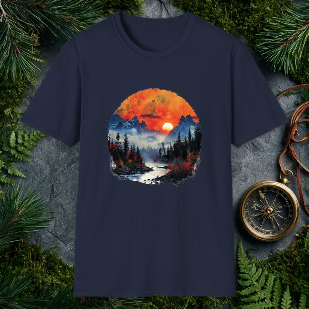 A misty river winds toward jagged snow-capped peaks under a deep orange sunset, flanked by dark pine silhouettes and bursts of autumn red — for the person who…
