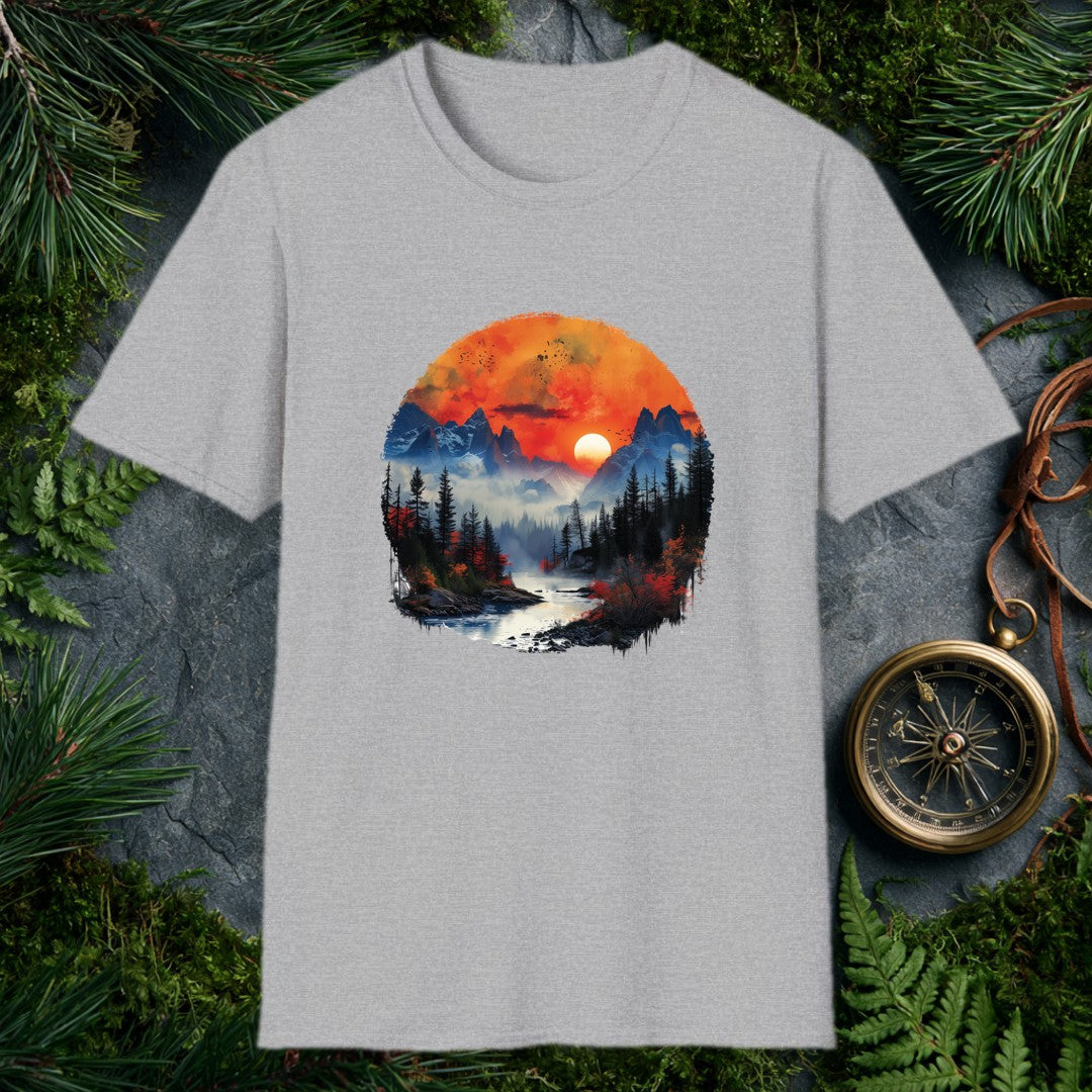 A misty river winds toward jagged snow-capped peaks under a deep orange sunset, flanked by dark pine silhouettes and bursts of autumn red — for the person who…