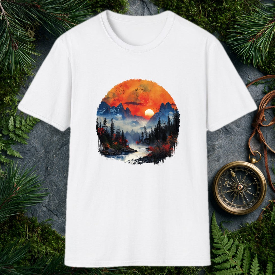A misty river winds toward jagged snow-capped peaks under a deep orange sunset, flanked by dark pine silhouettes and bursts of autumn red — for the person who…