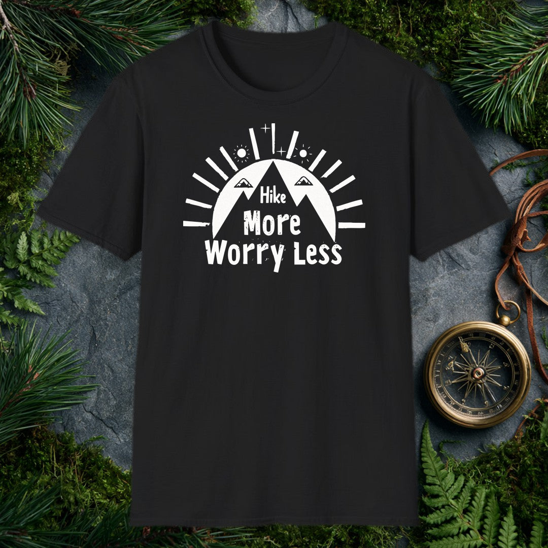 A bold rising sun crowns a lone hiker on the trail, rays fanning wide and the words Hike More, Worry Less anchored below — for the person who knows the cure…