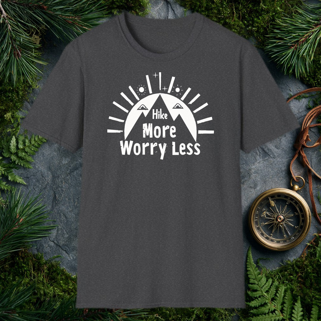 A bold rising sun crowns a lone hiker on the trail, rays fanning wide and the words Hike More, Worry Less anchored below — for the person who knows the cure…