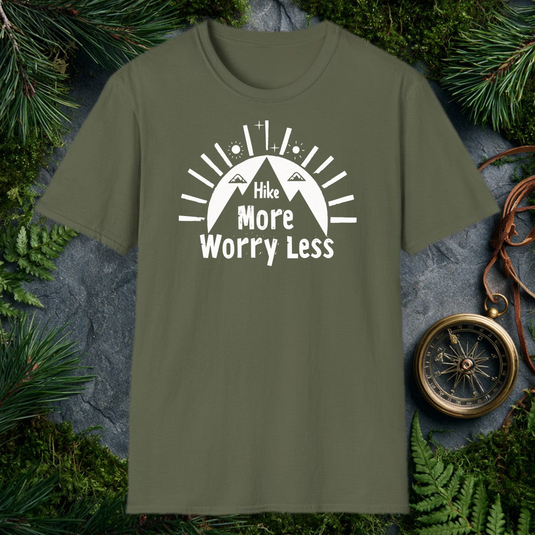 A bold rising sun crowns a lone hiker on the trail, rays fanning wide and the words Hike More, Worry Less anchored below — for the person who knows the cure…